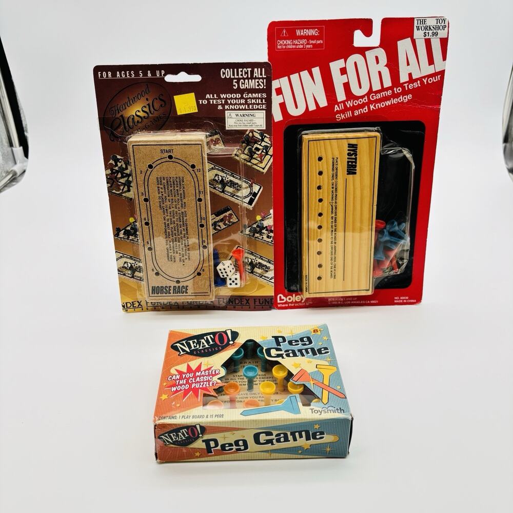 Lot Of 3 Classic Wooden Peg Game Puzzles Brain Teaser Family Travel Toy Gift